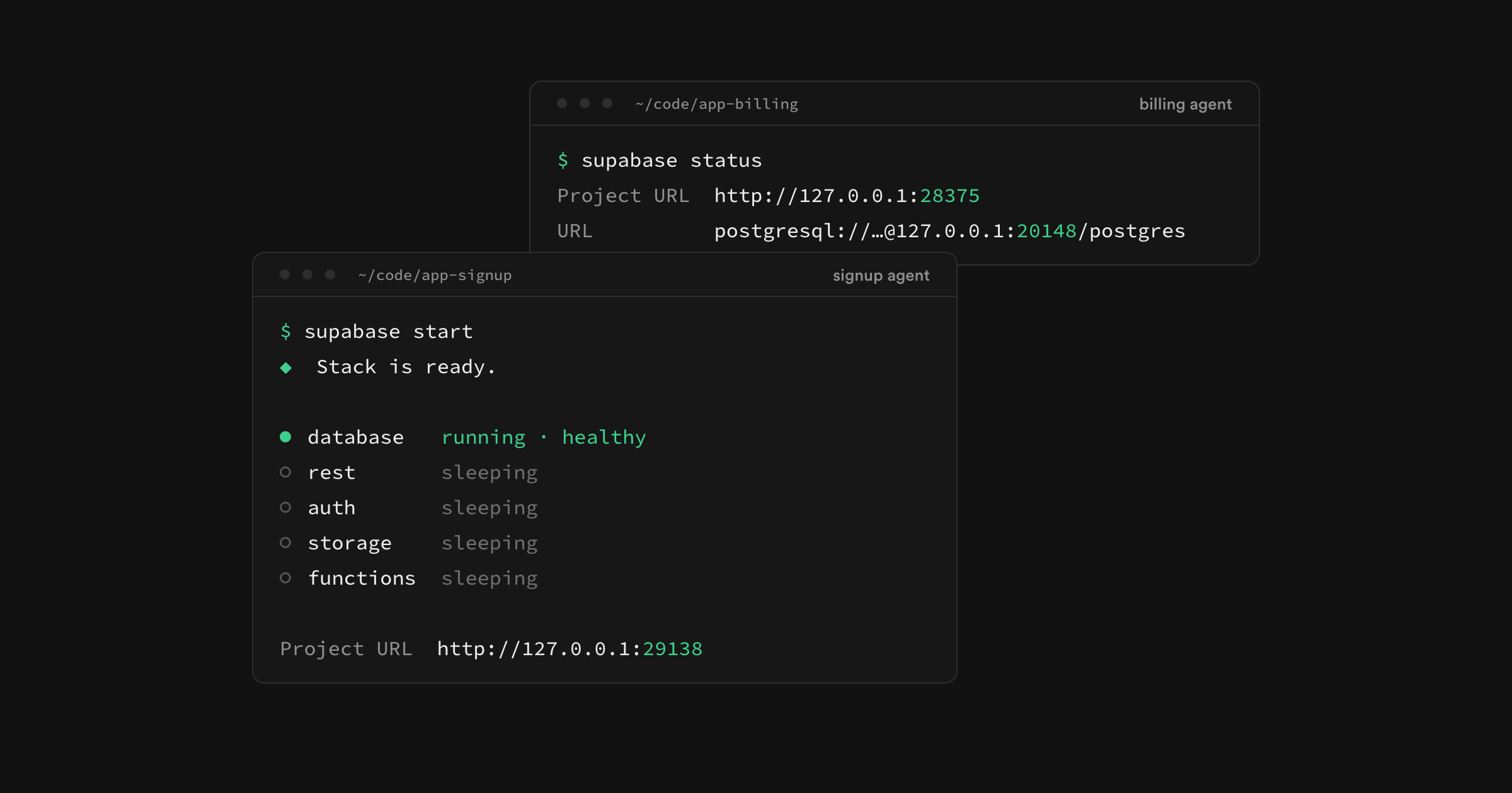 A local Supabase project per agent, with or without Docker