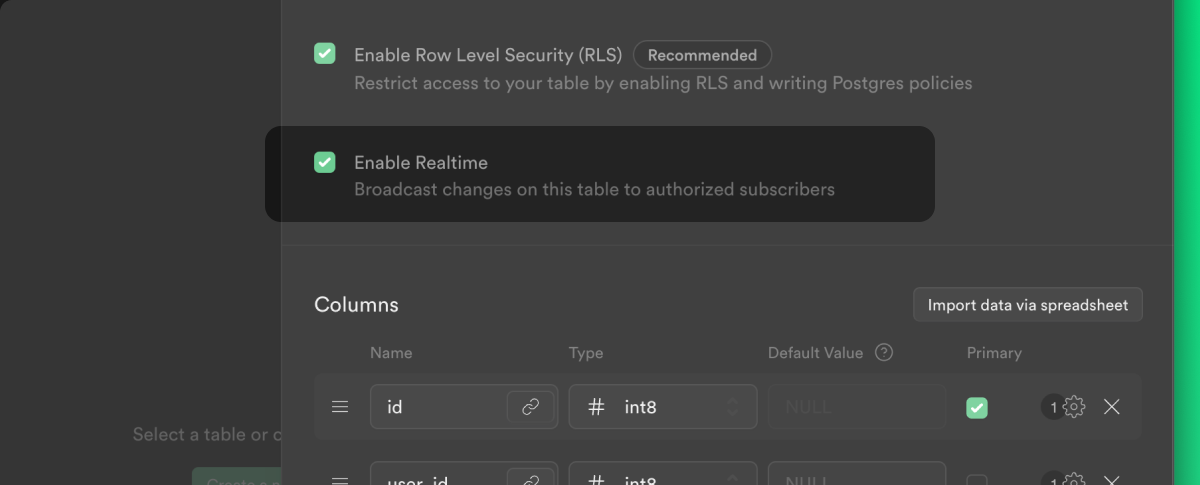 Enable realtime for your table via the table editor