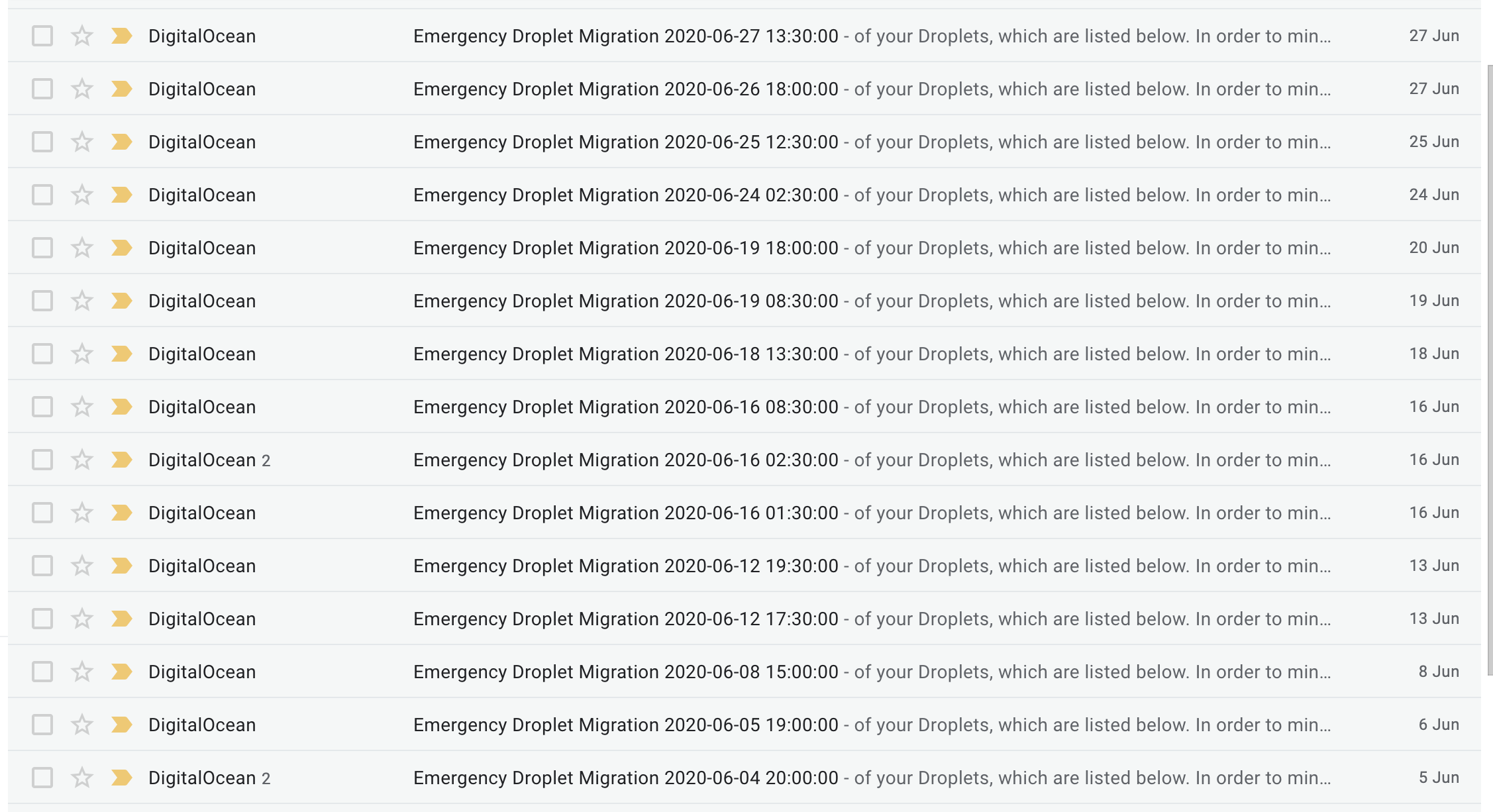 This image shows all the emails I was receiving from Digital Ocean. I was receiving an email every other day about servers which needed to be migrated.
