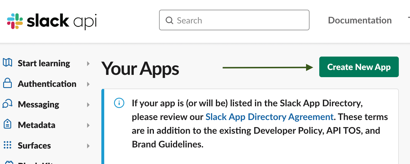 Green arrow pointing to the ‘Create New App’ button.