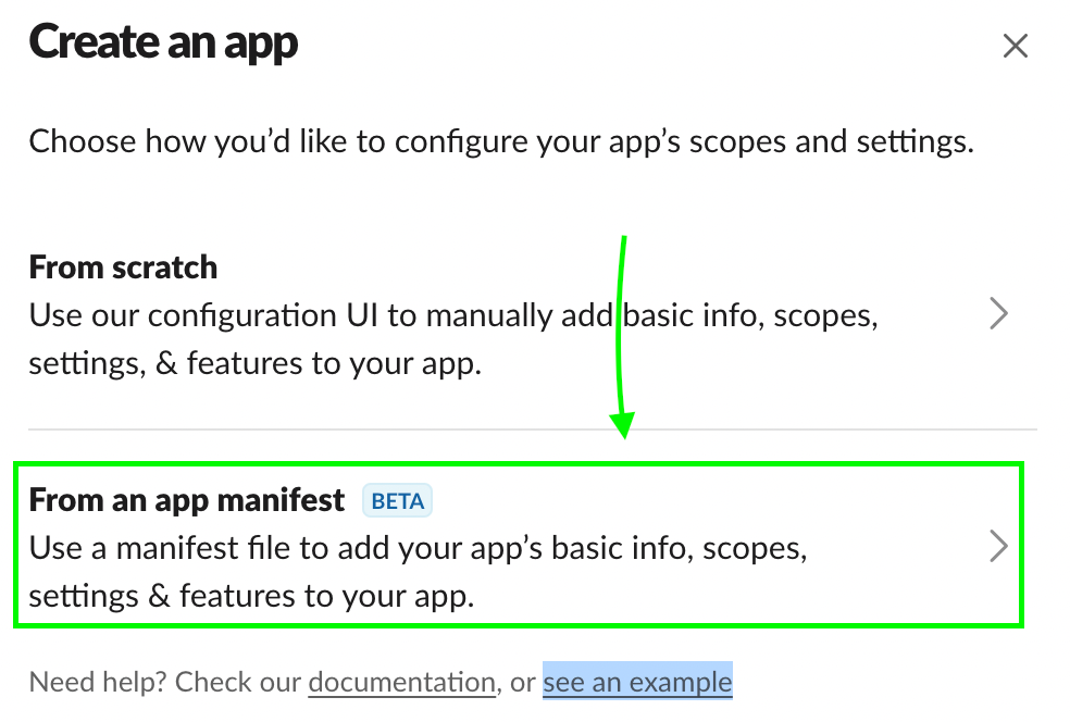 Green arrow pointing to the option ‘From an app manifest’ inside the “Create an app” menu.