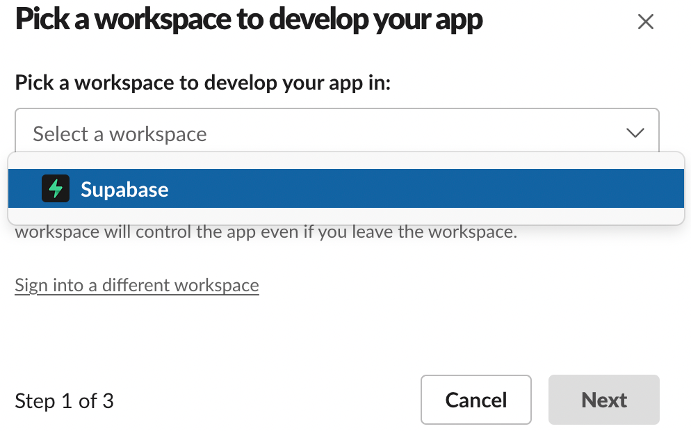 The picture shows a dropdown UI with Supabase selected as the workspace.