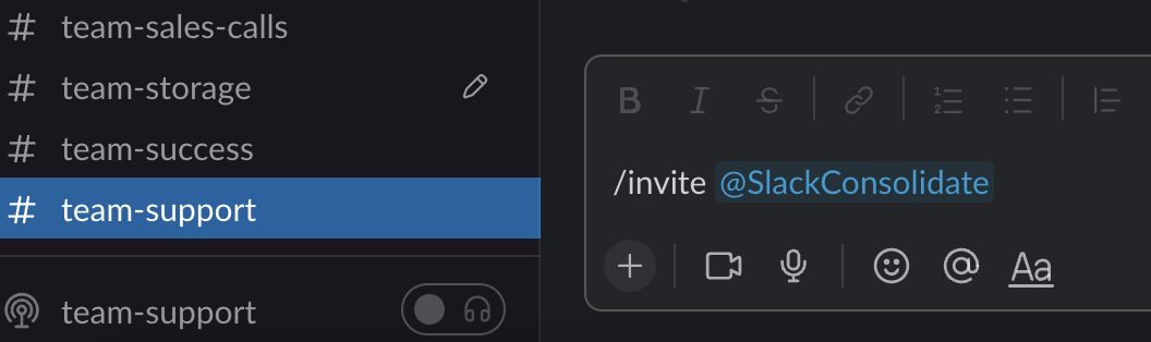 The picture shows the command /invite @Slackbot in the channel #team-support.