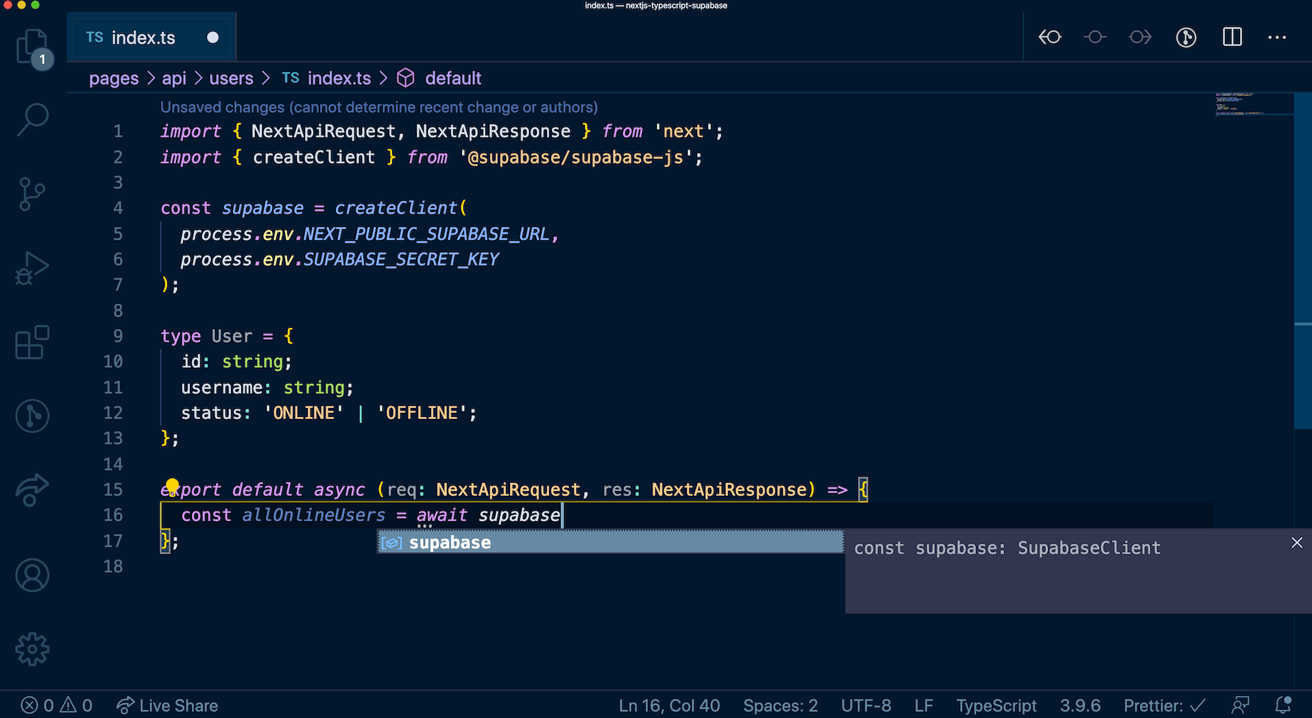 This git shows how TypeScript makes it even easier to use Supabase, through VSCode's intellisense.