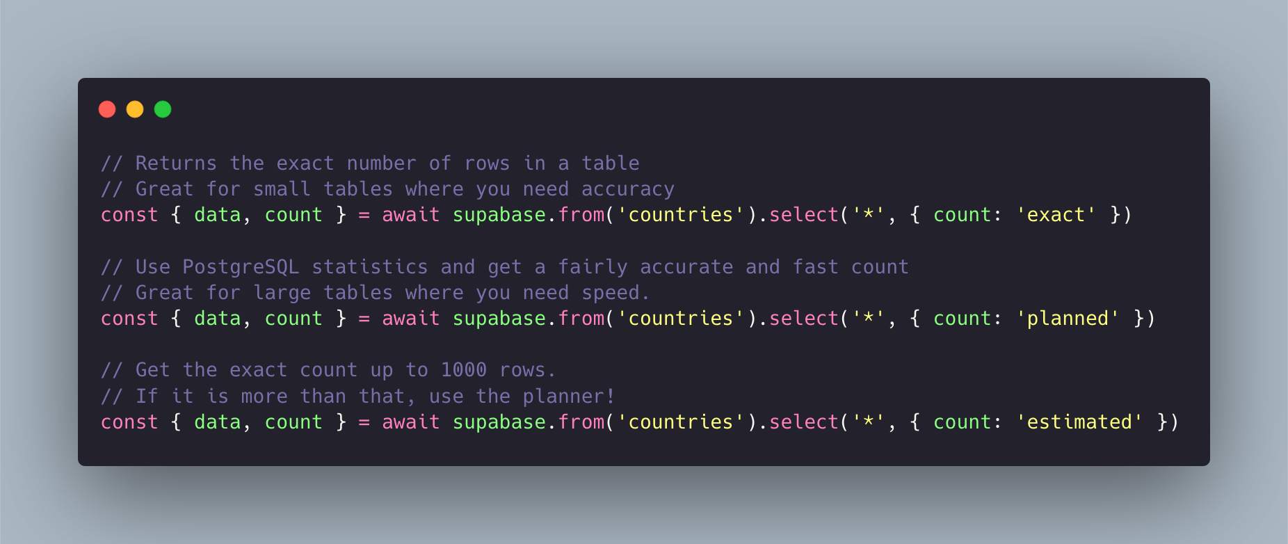 Supabase now supports count functionality