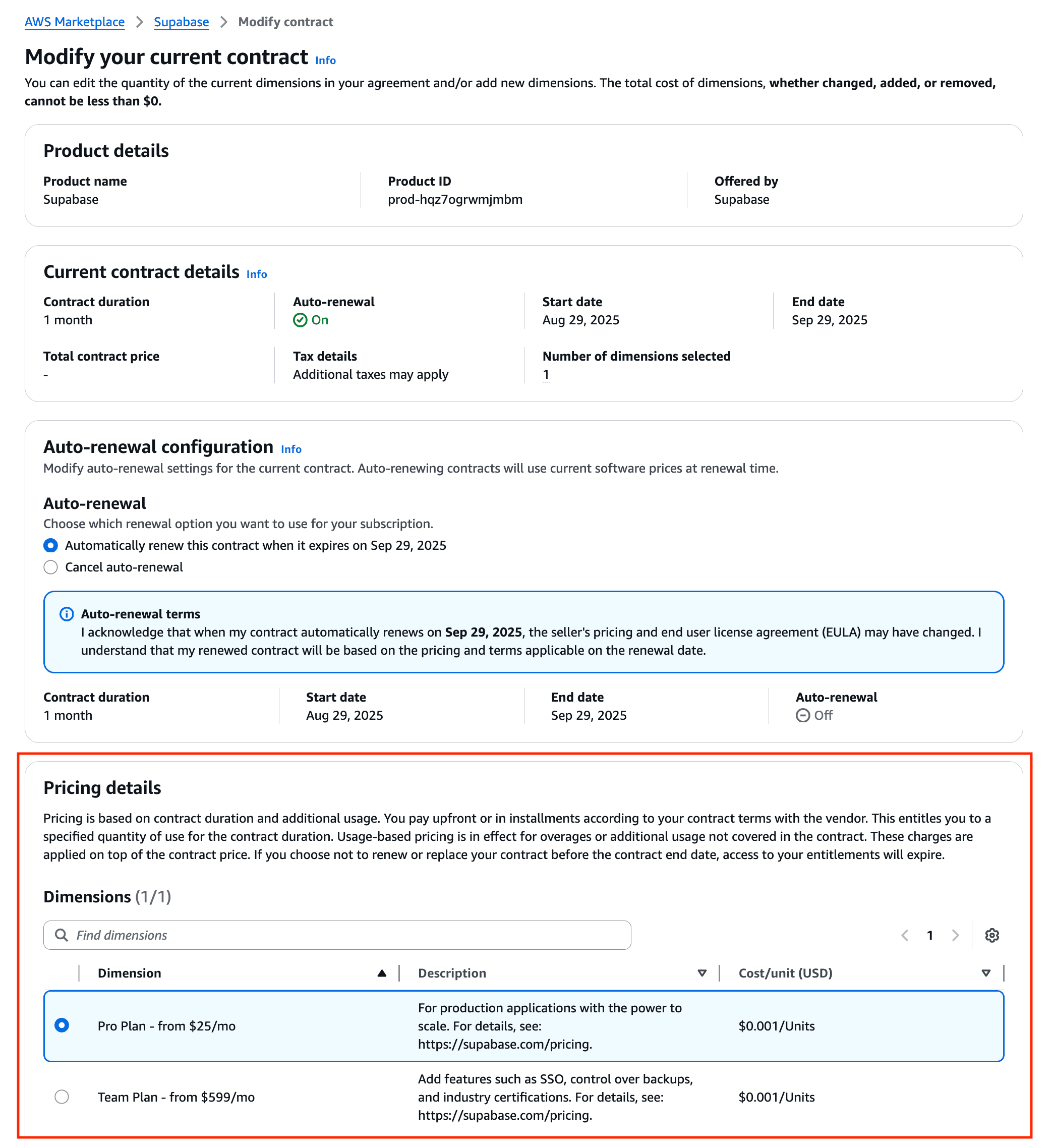AWS Marketplace modify contract page