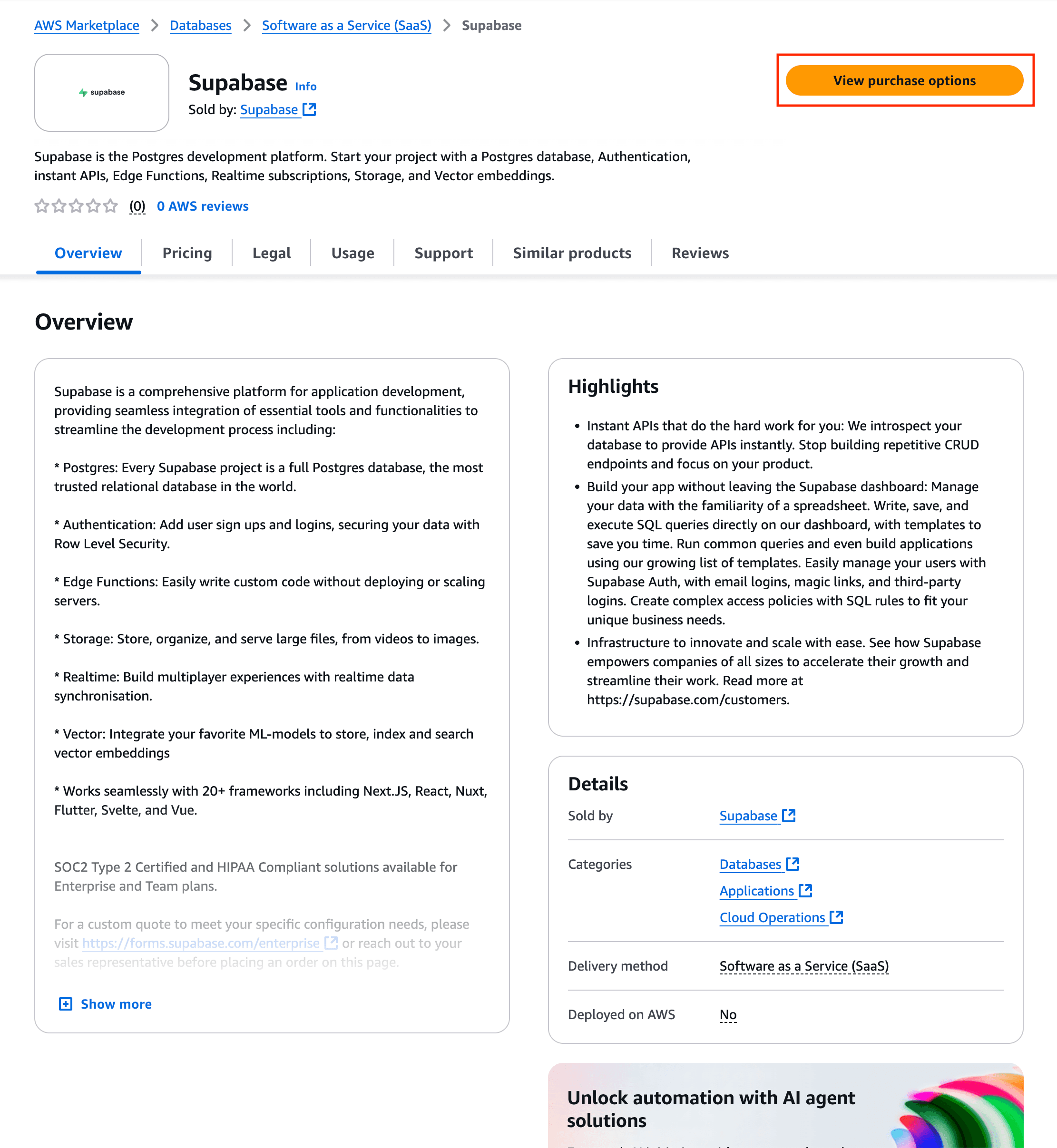 Supabase product overview on the AWS Marketplace