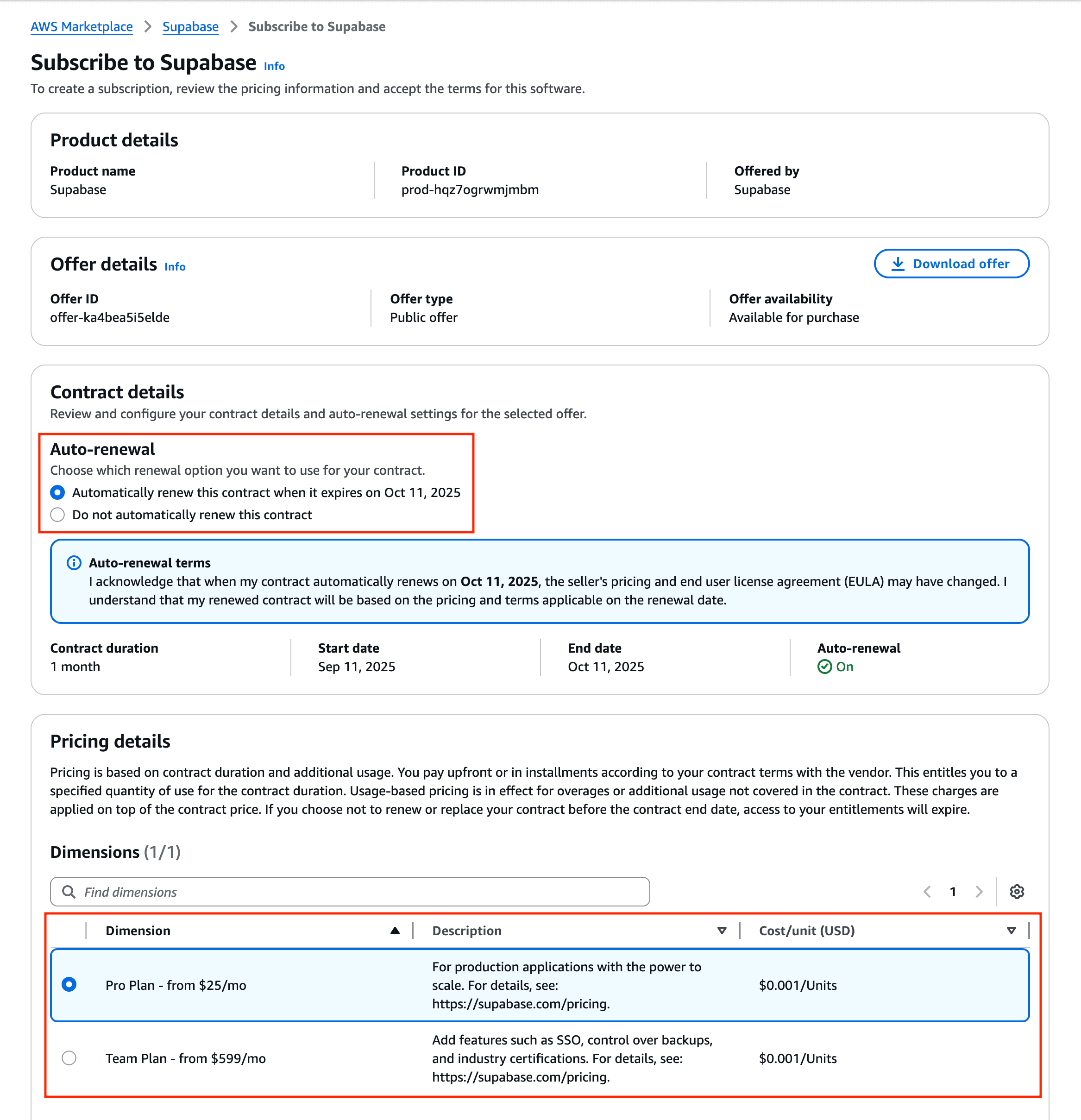 Supabase purchase options on the AWS Marketplace