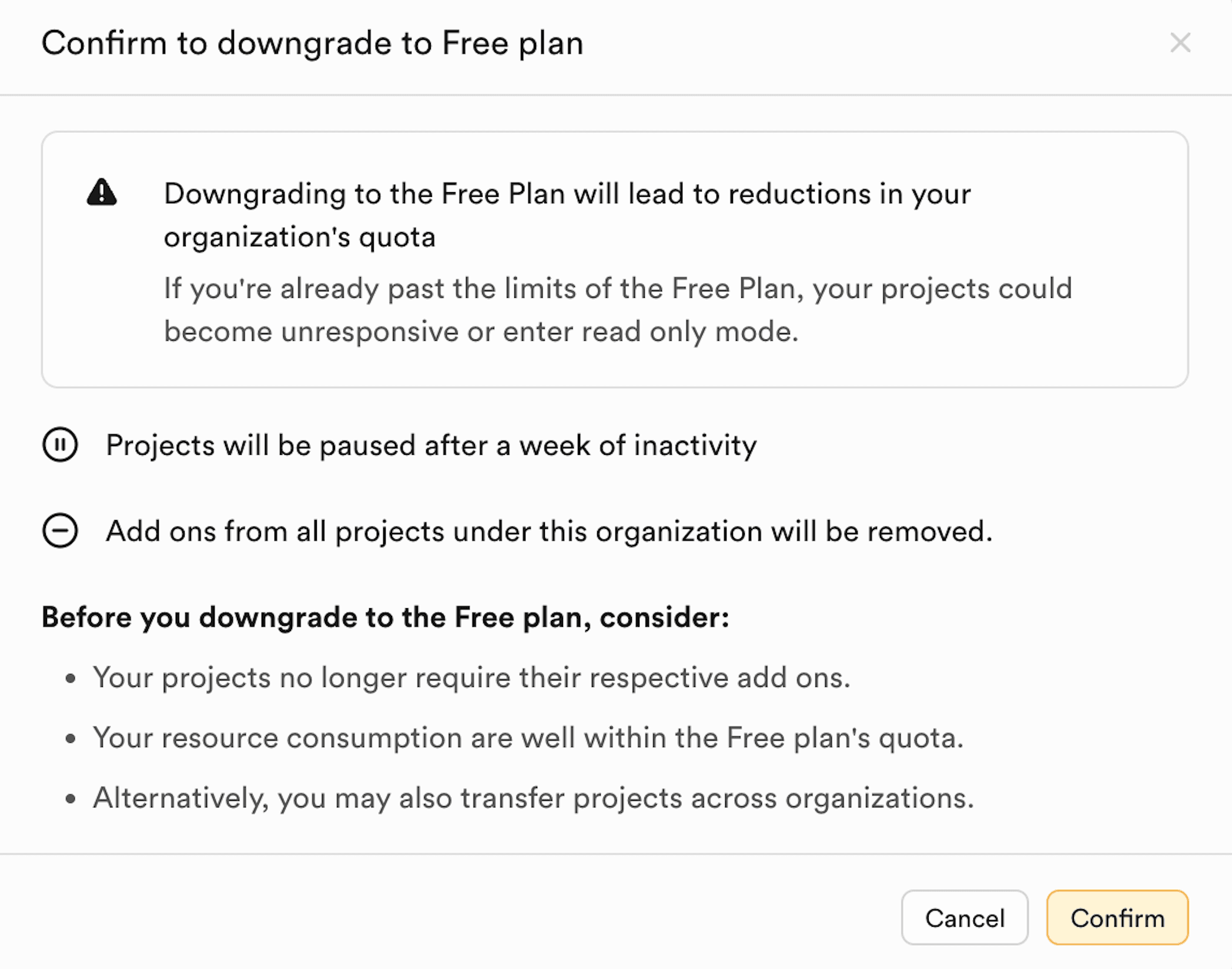 Subscription downgrade modal