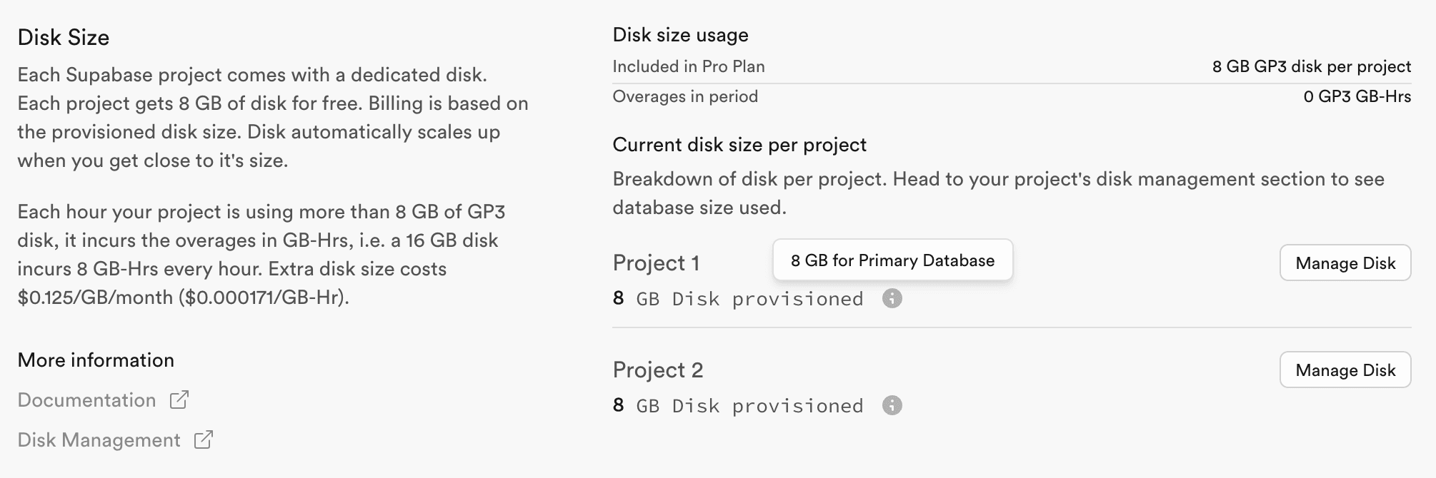 Manage Disk size usage | Supabase Docs