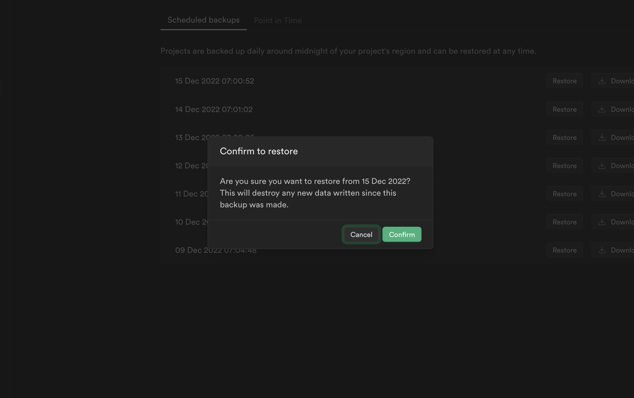 Scheduled backups: Confirmation modal