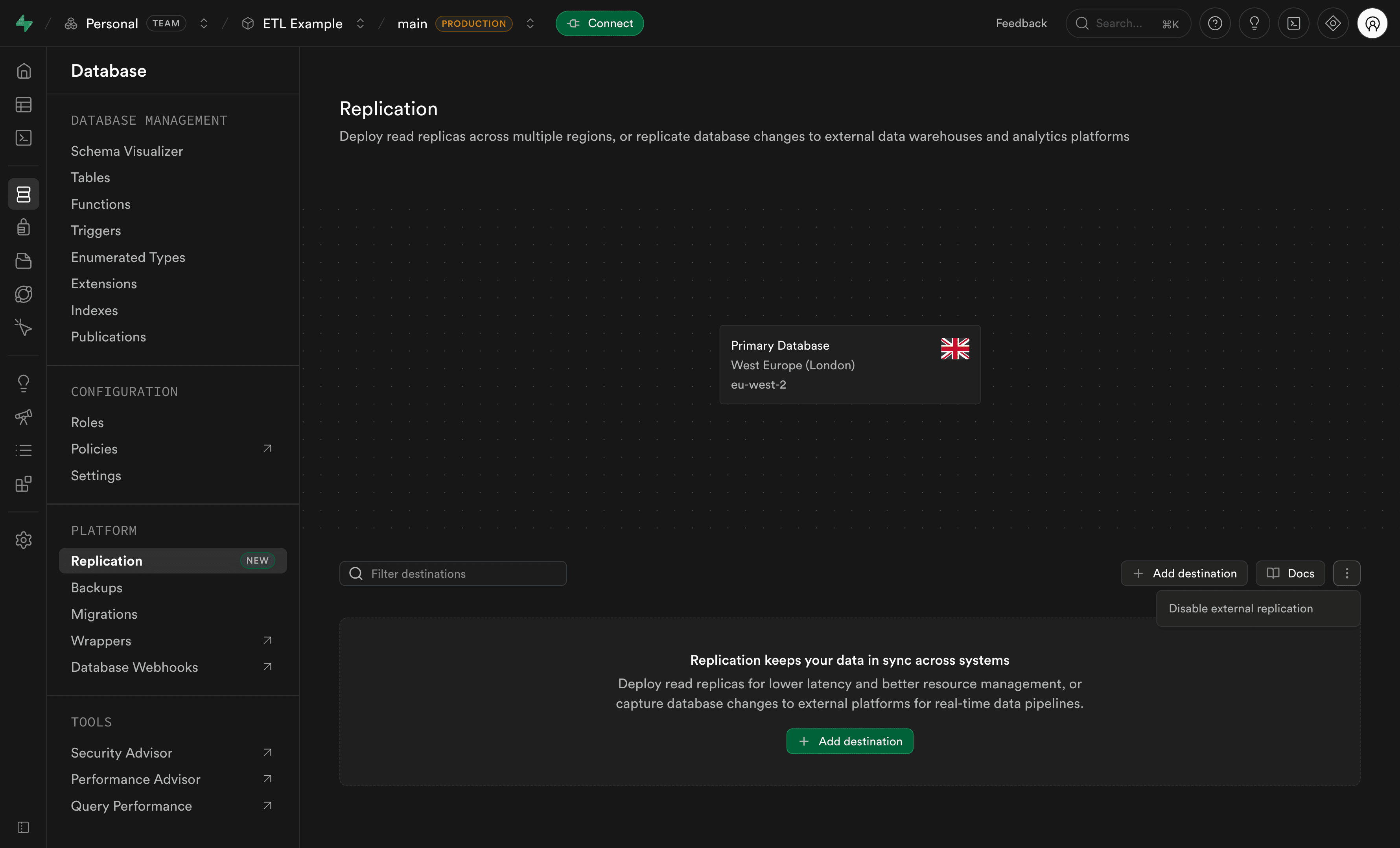 Disable external replication from the Replication page actions menu