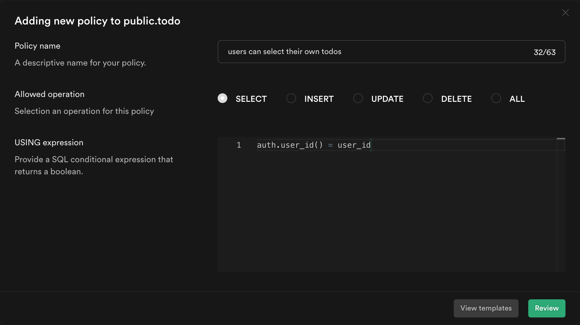 Policy settings for SELECT