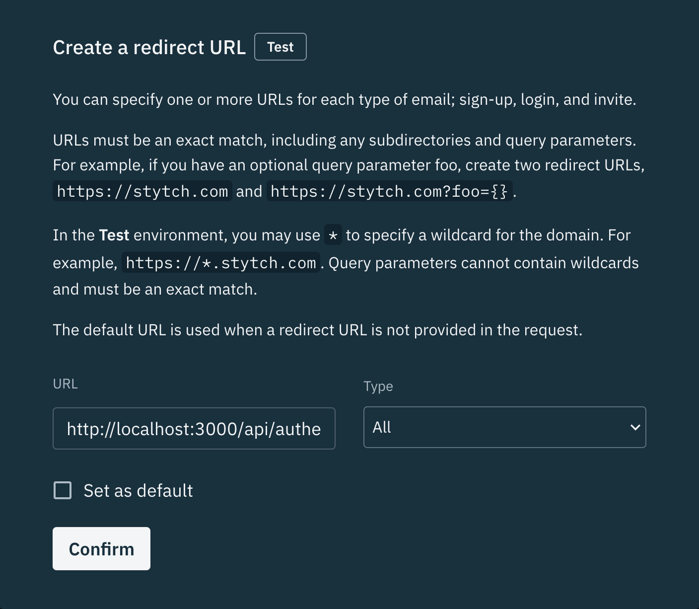 Edit Stytch redirect URL settings