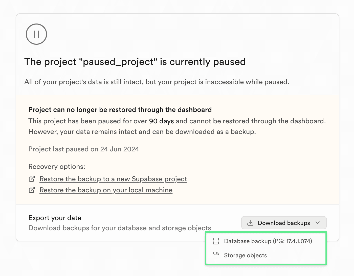 Restore project after 90-day pause