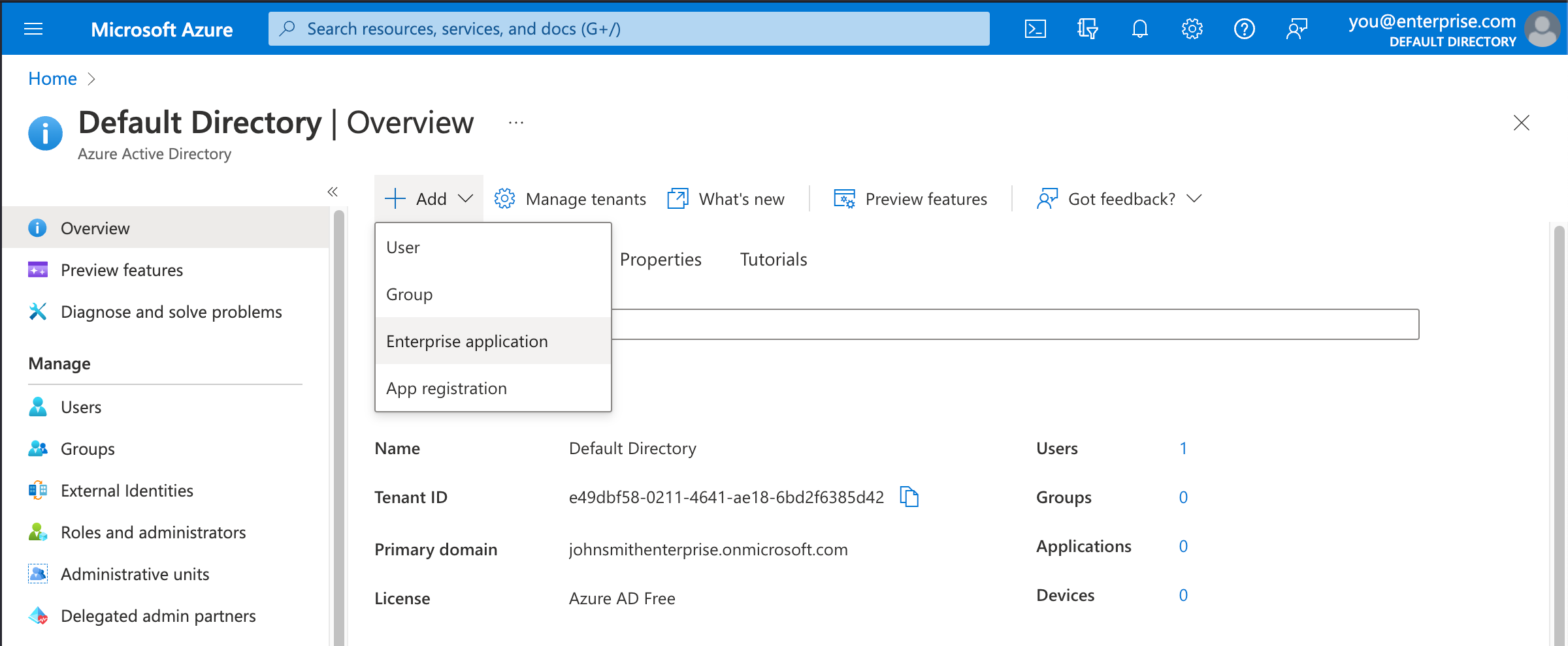 Azure AD console: Default Directory Overview
