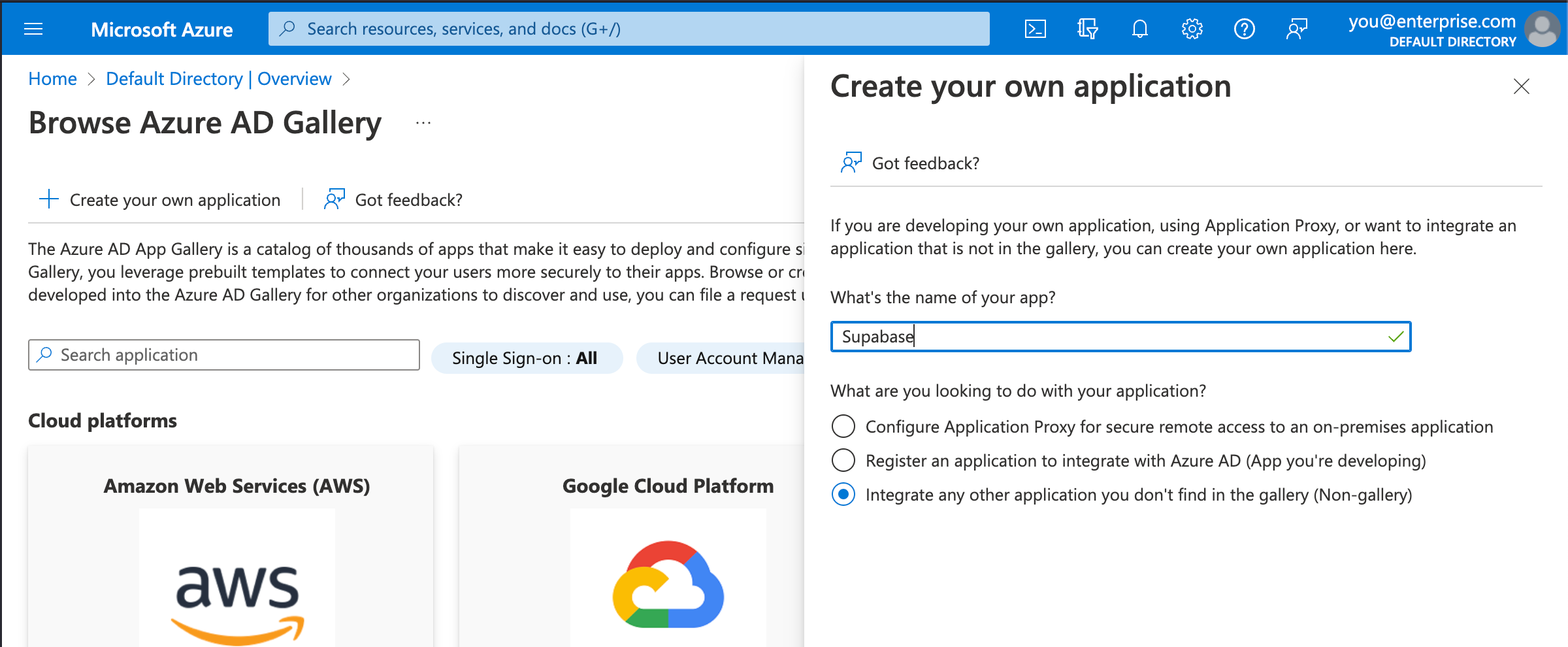Azure AD console: Create your own application modal