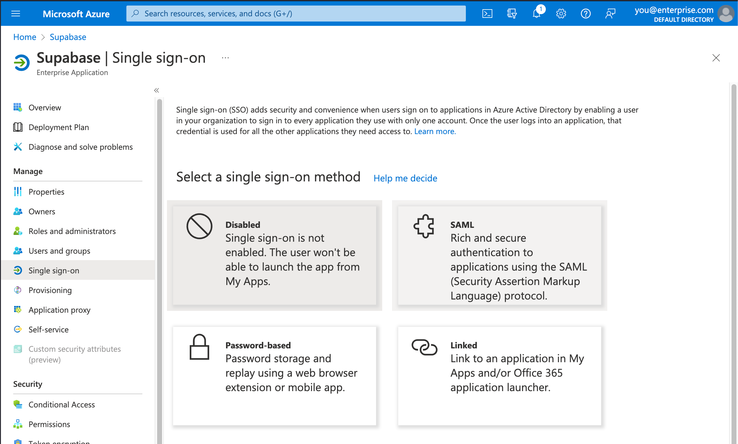 Azure AD console: Supabase application, Single sign-on configuration screen,
selected SAML