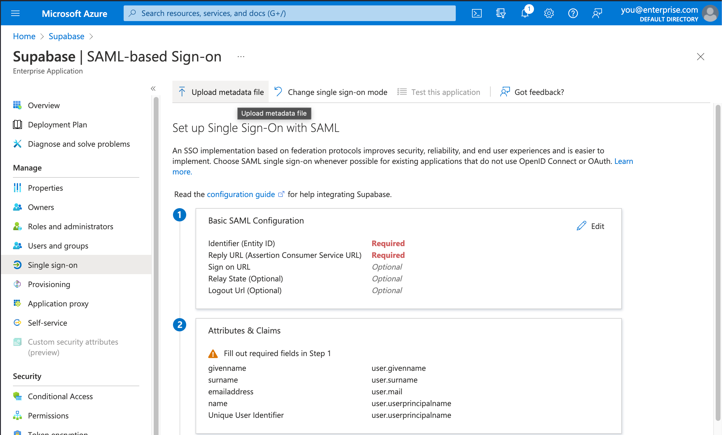 Azure AD console: Supabase application, SAML-based Sign-on screen,
selected Upload metadata file button