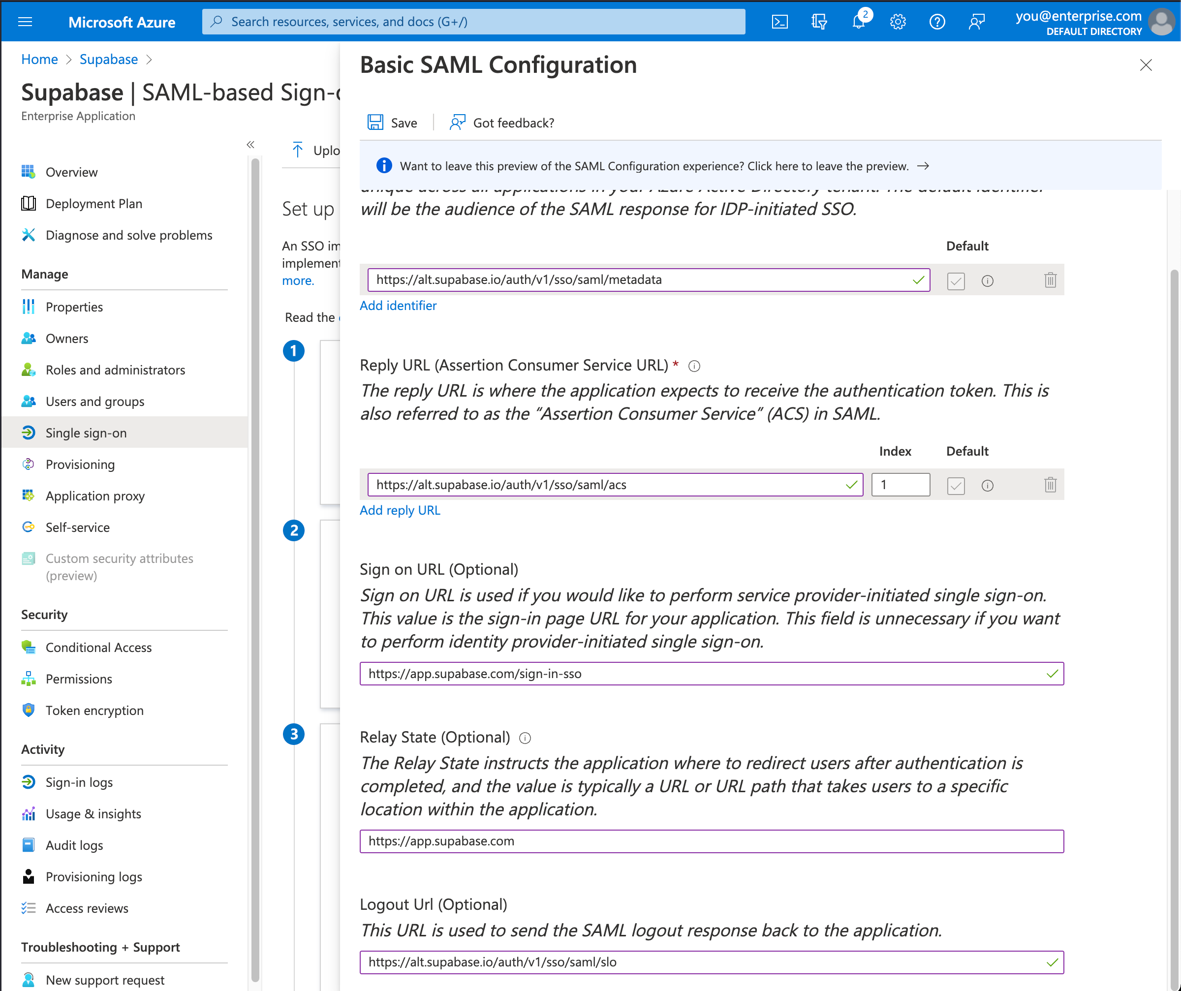 Azure AD console: Supabase application, SAML-based Sign-on screen,
Basic SAML Configuration shown