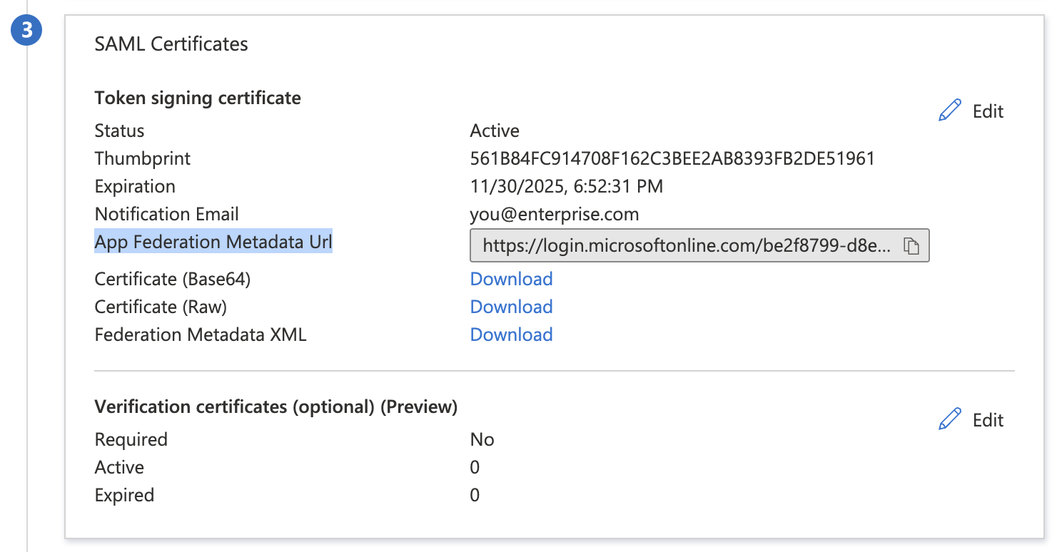 Azure AD console: Supabase application, SAML Certificates card
shown, App Federation Metadata Url highlighted