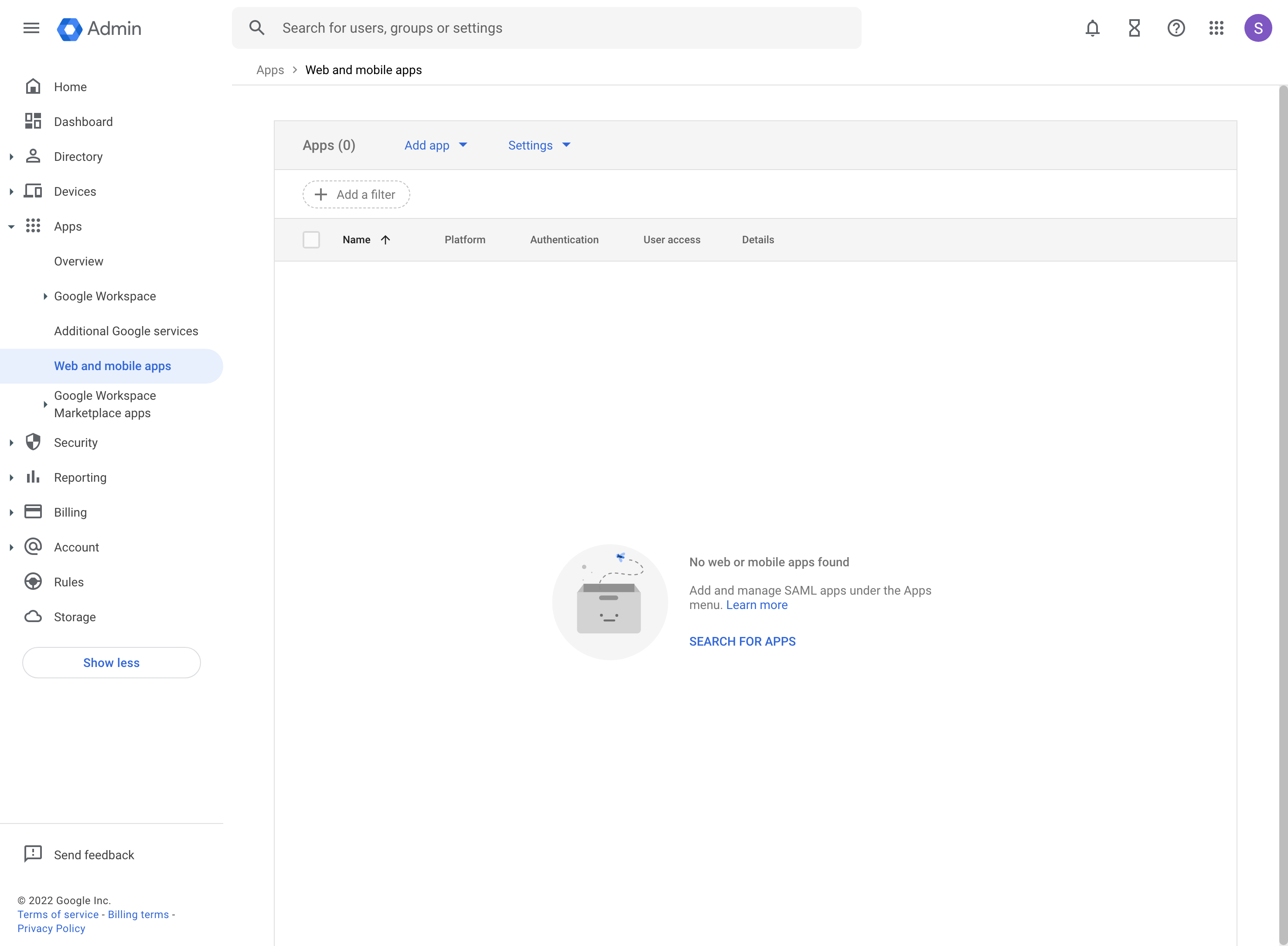 Google Workspace: Web and mobile apps admin console
