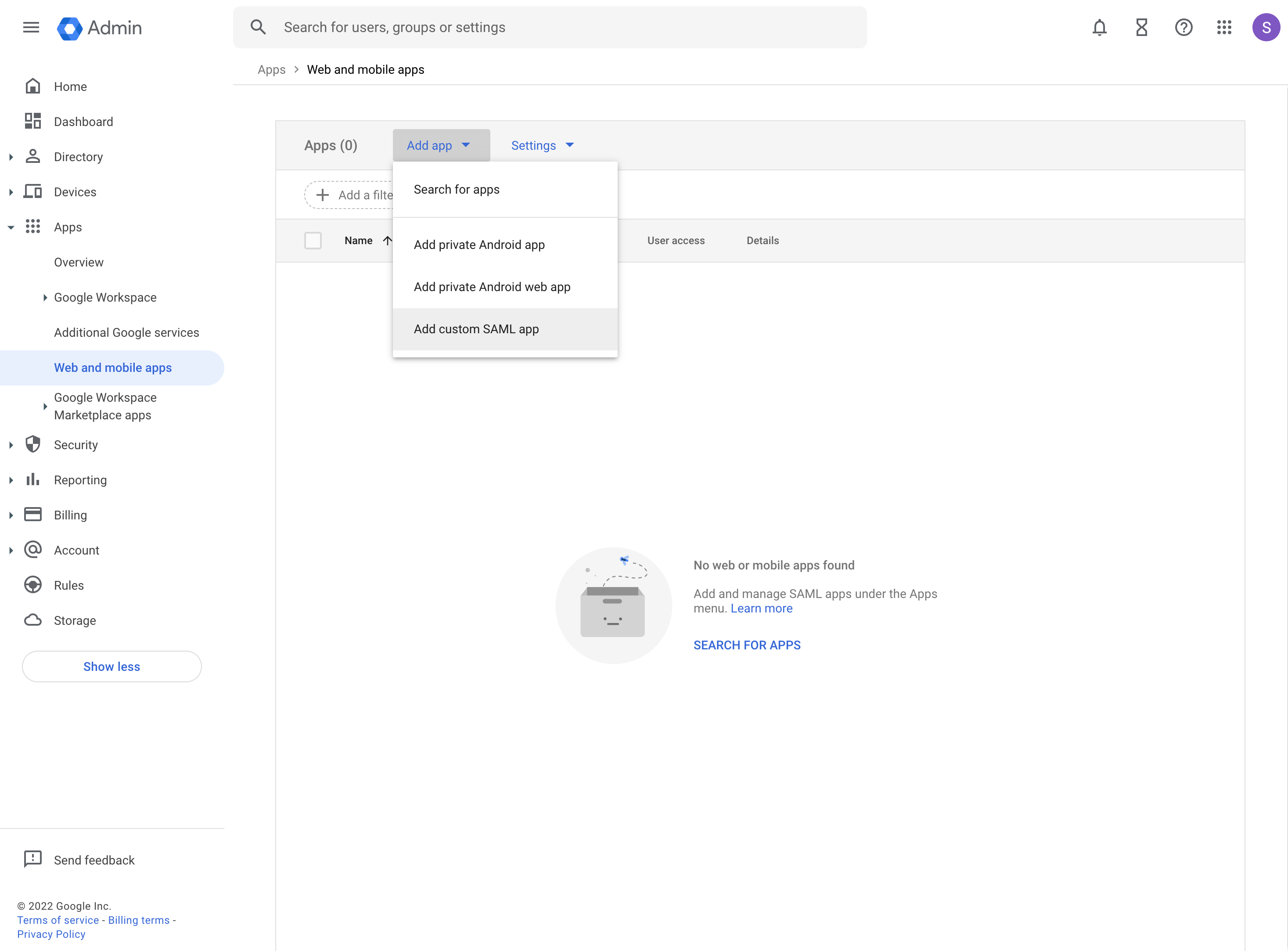 Google Workspace: Web and mobile apps admin console, Add custom SAML app selected