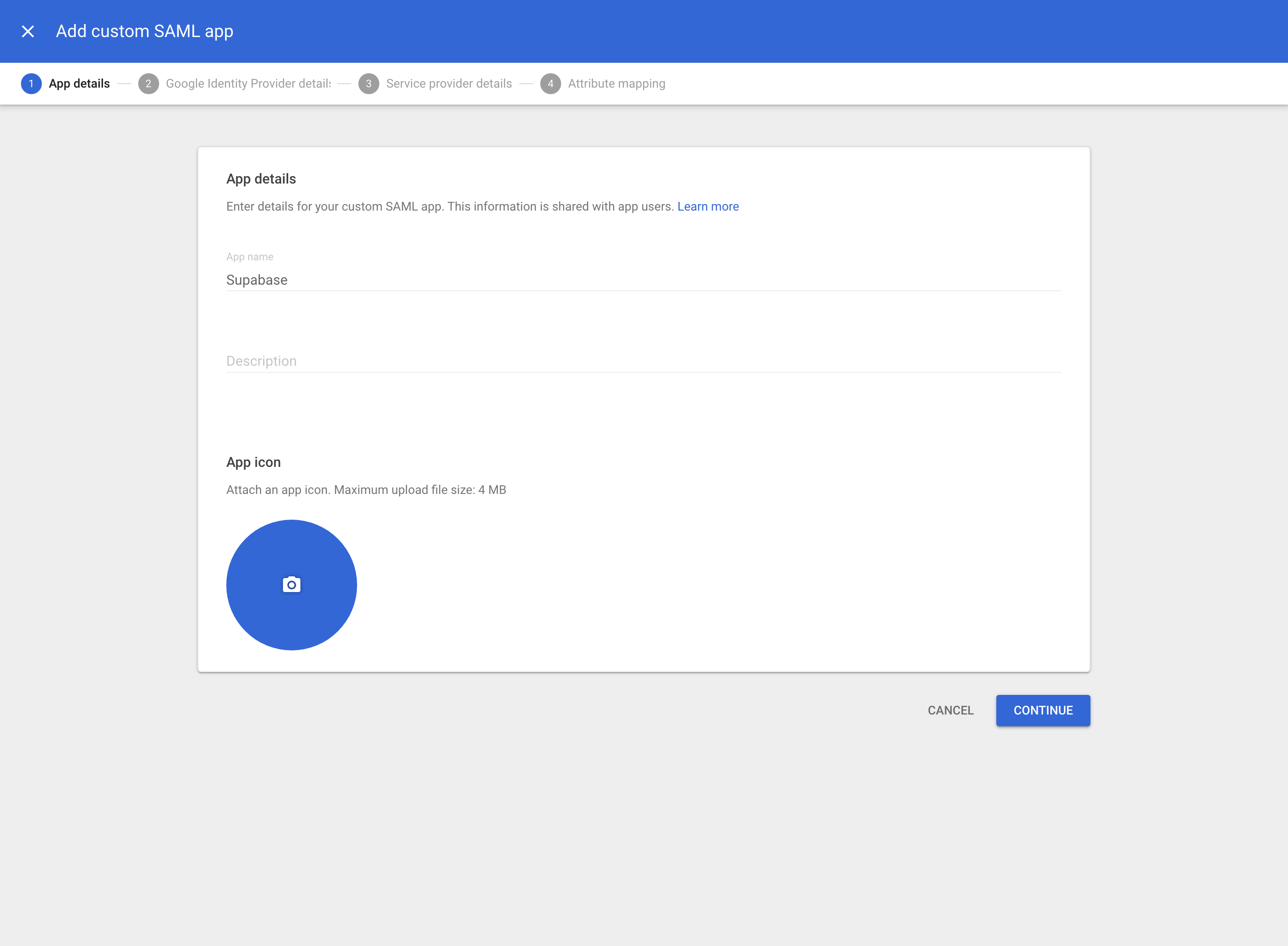 Google Workspace: Web and mobile apps admin console, Add custom SAML, App
details screen