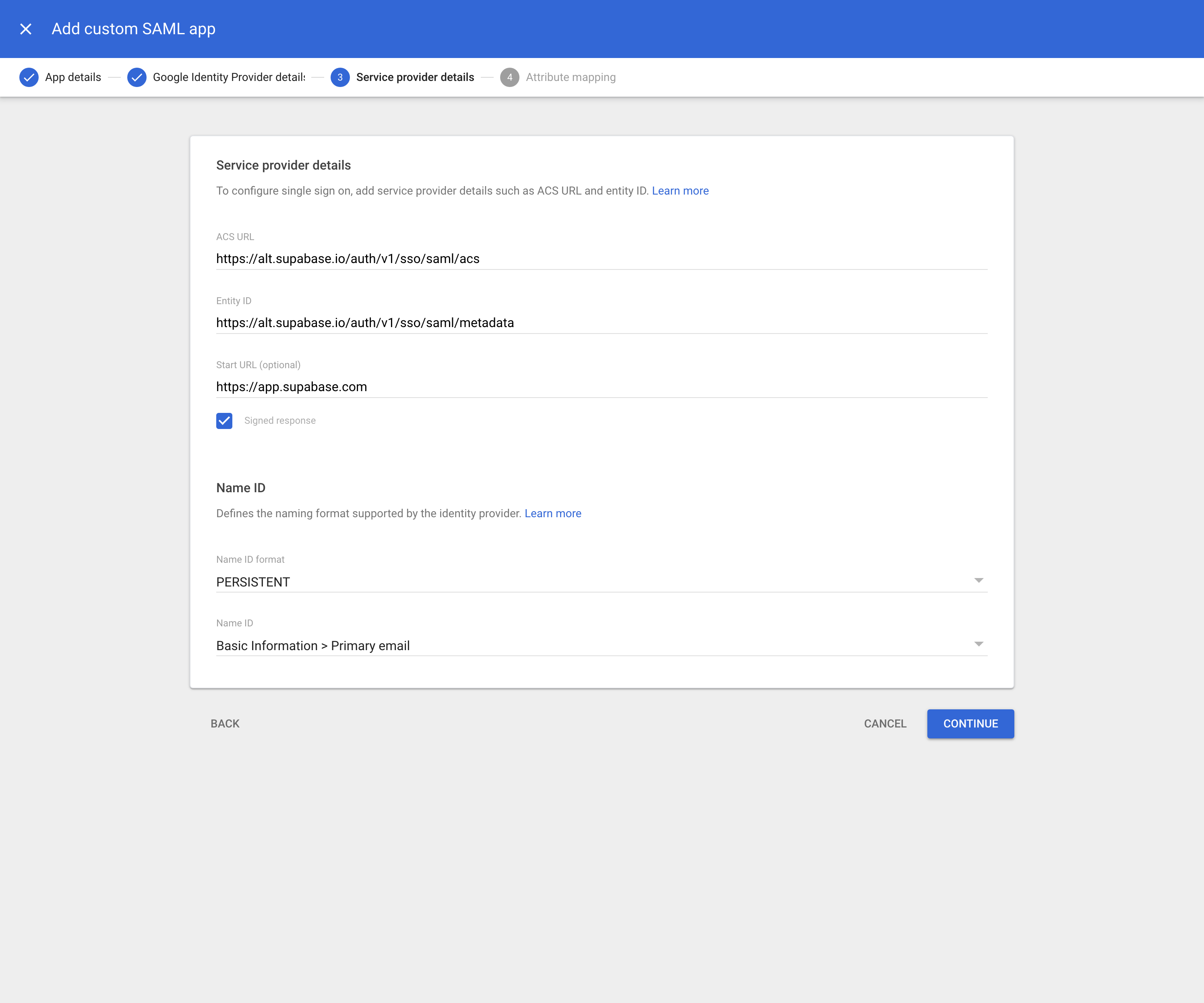 Google Workspace: Web and mobile apps admin console, Add custom SAML,
Service provider details screen