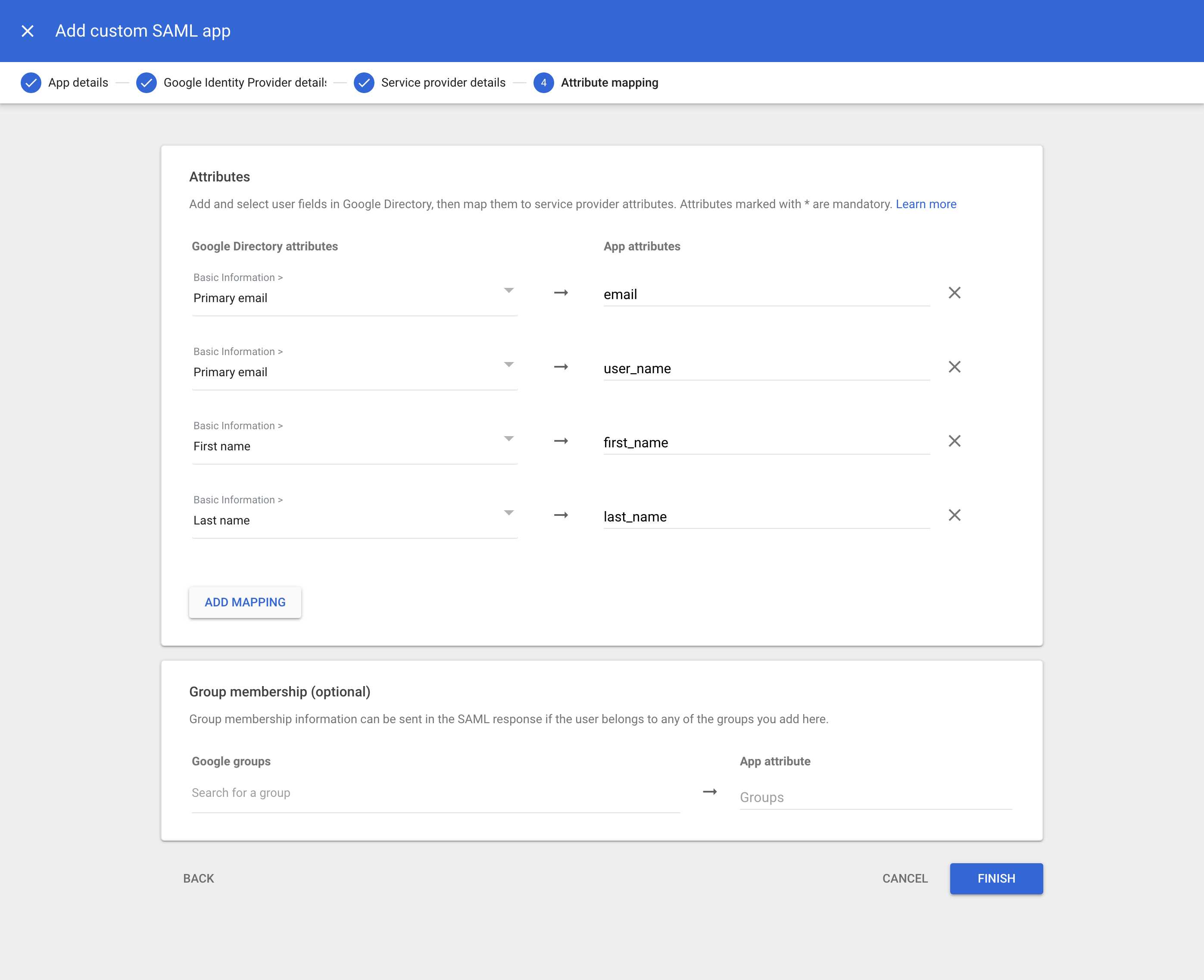 Google Workspace: Web and mobile apps admin console, Add custom SAML,
Attribute mapping