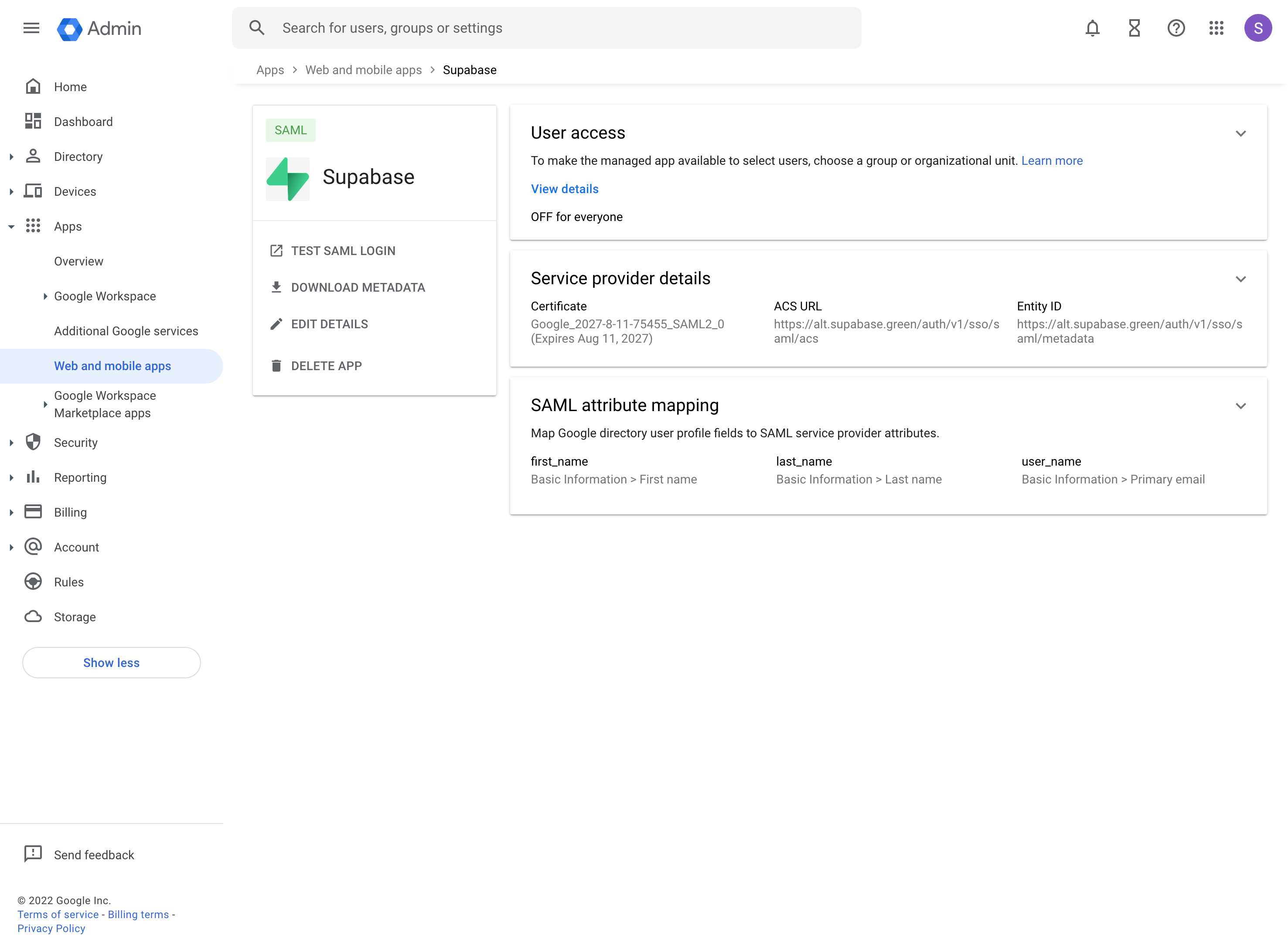 Google Workspace: Web and mobile apps admin console, Supabase app screen