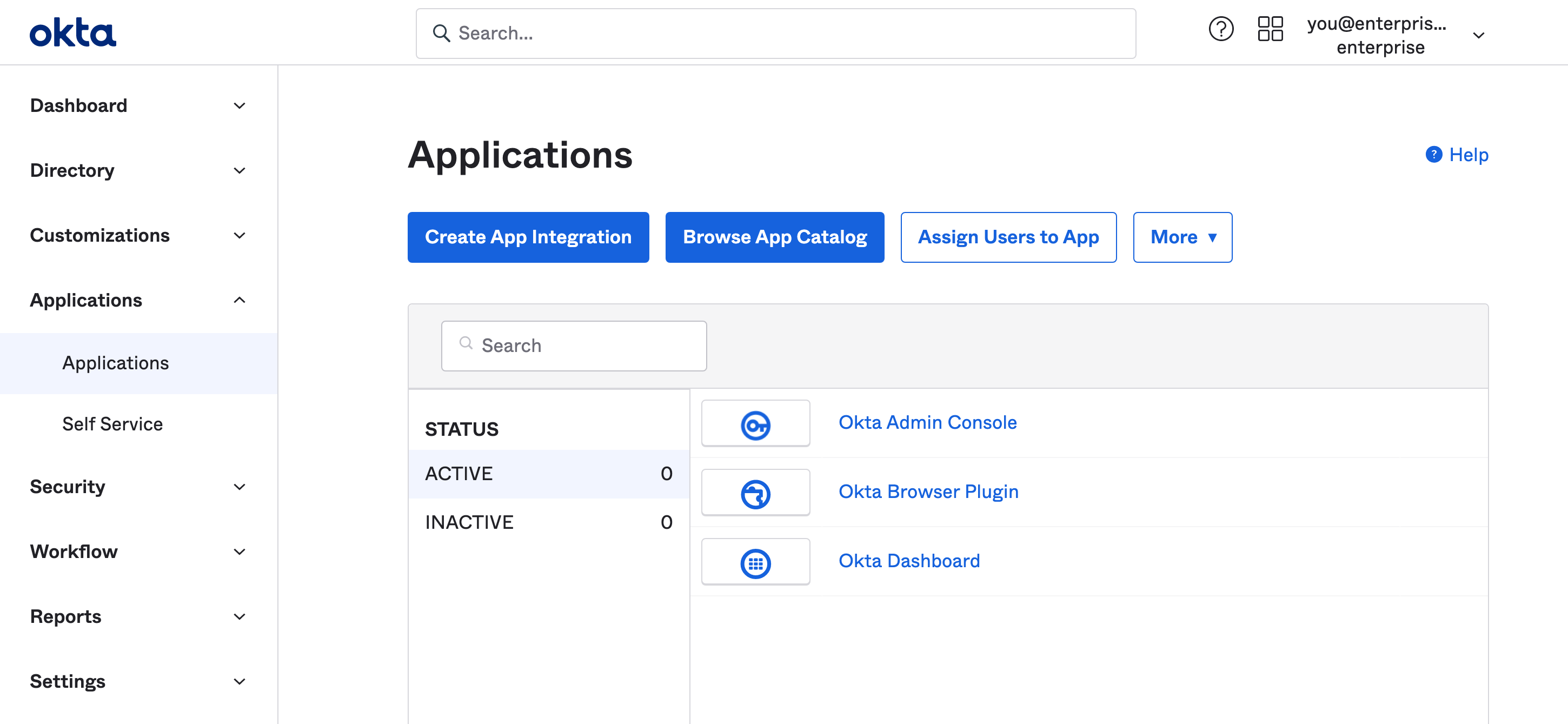 Okta dashboard: Create App Integration
button