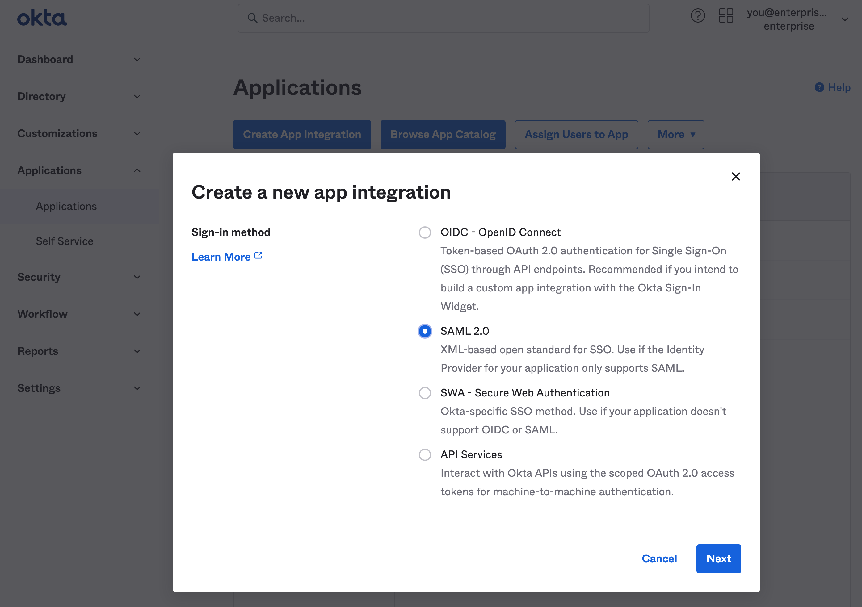 Okta dashboard: Create new app integration dialog