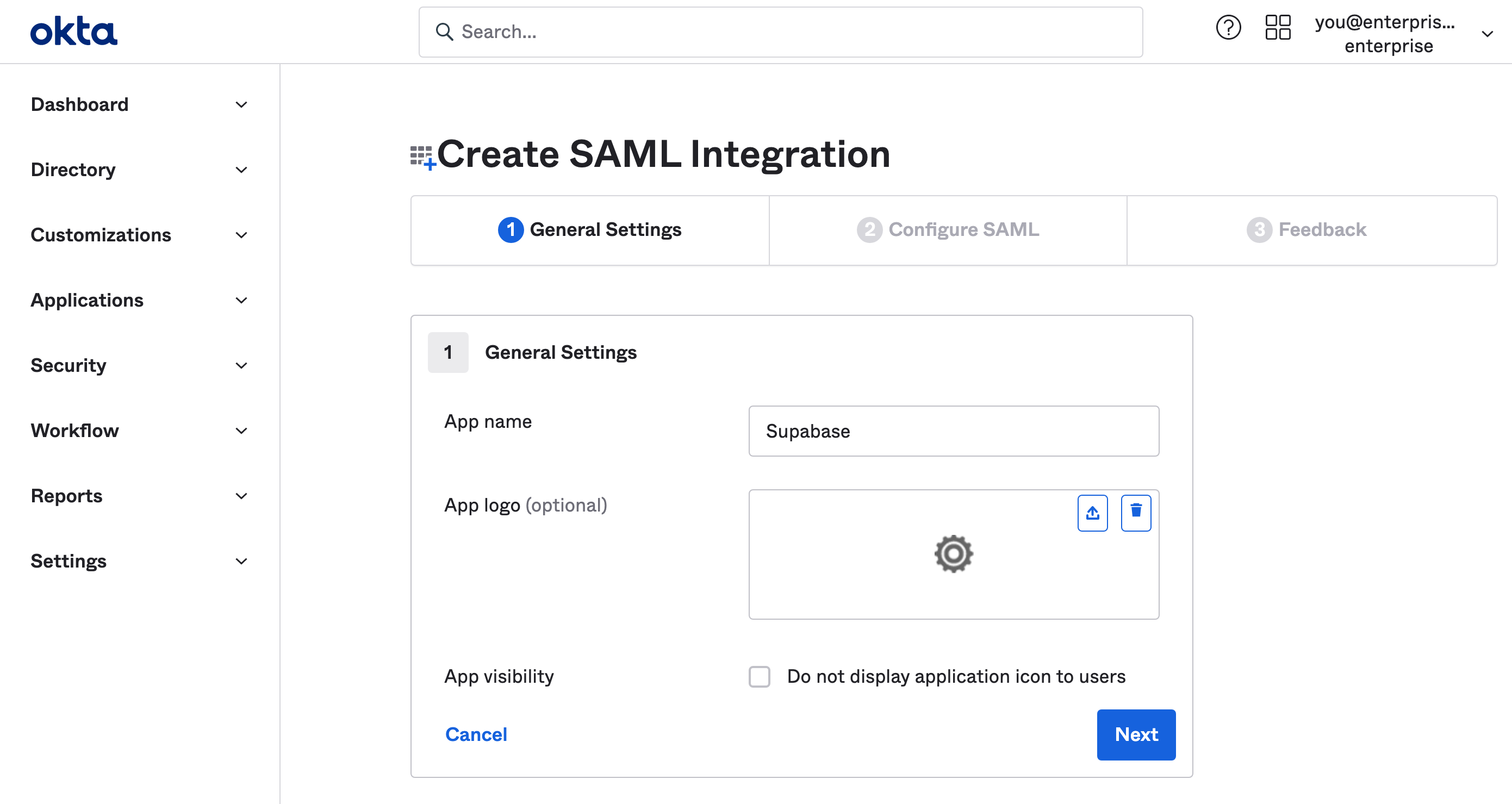 Okta dashboard: Create SAML Integration
wizard