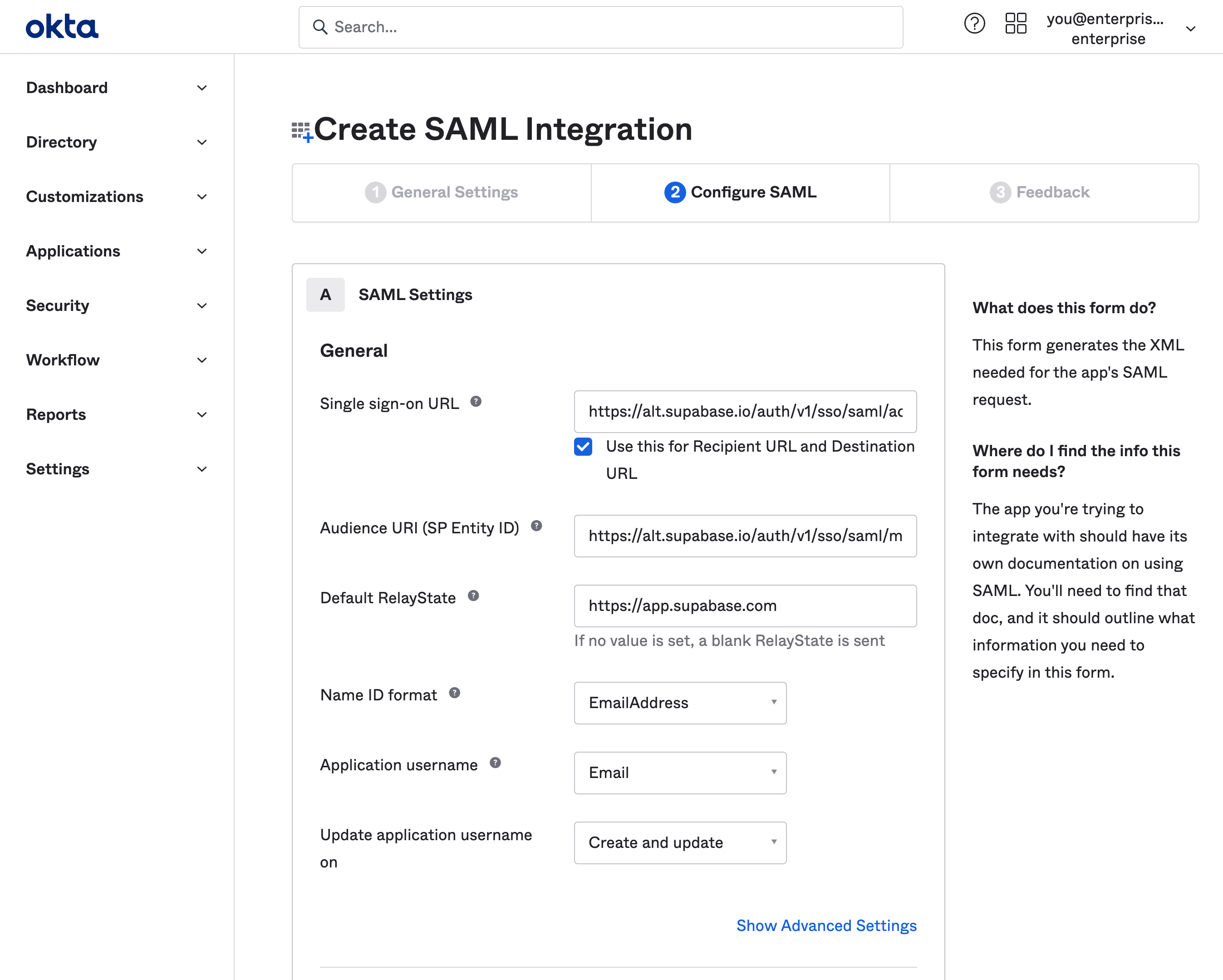 Okta dashboard: Create SAML Integration
wizard, Configure SAML step