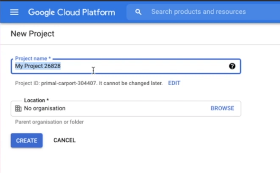 Create a new Google Project inside cloud console