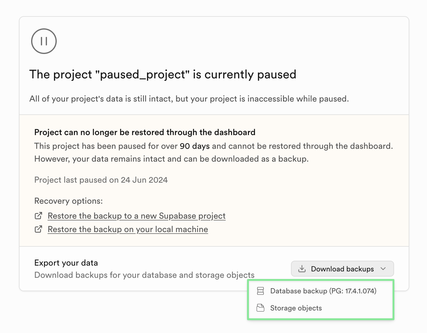 Restore project after pause