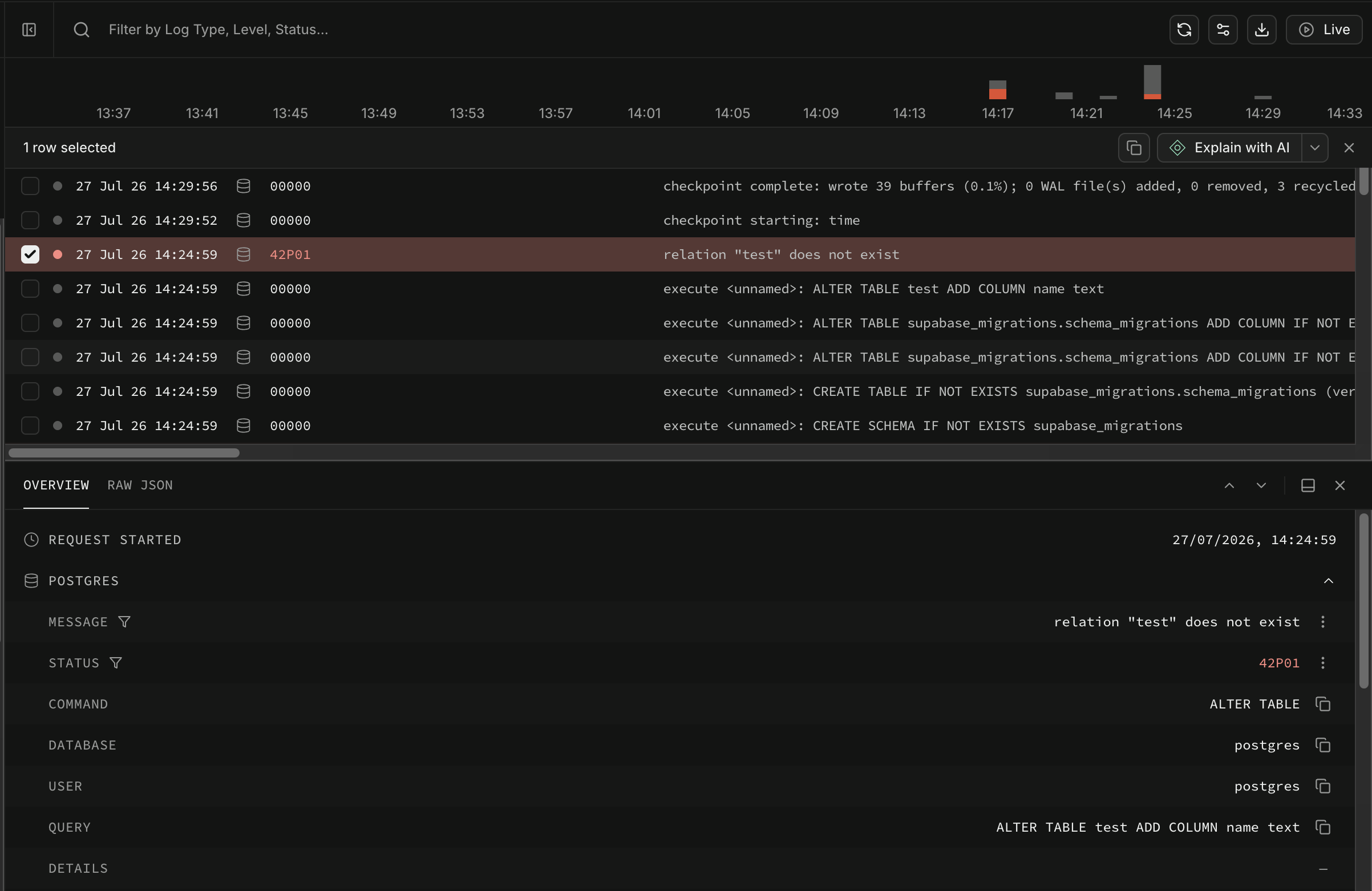 Postgres Logs with the failed migration statement marked as an error and its message expanded