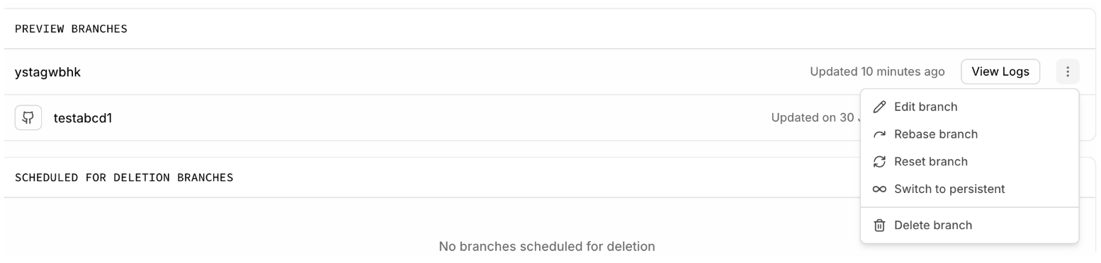 The rebase branch button in the Dashboard branch details view