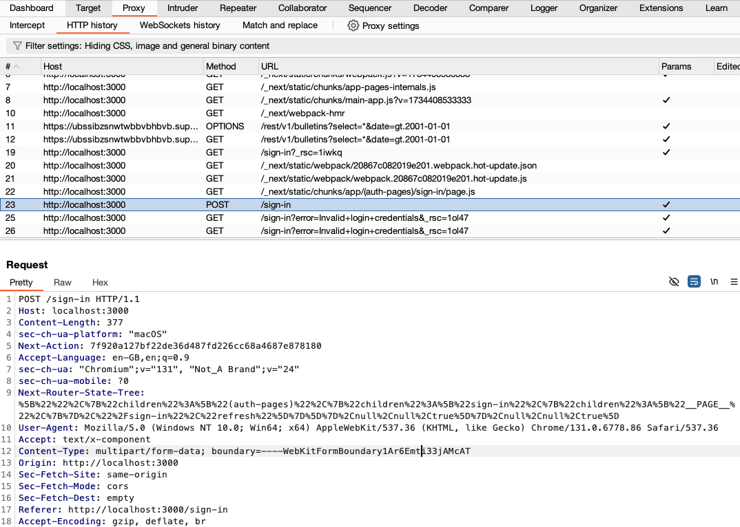 sign in form via burp suite