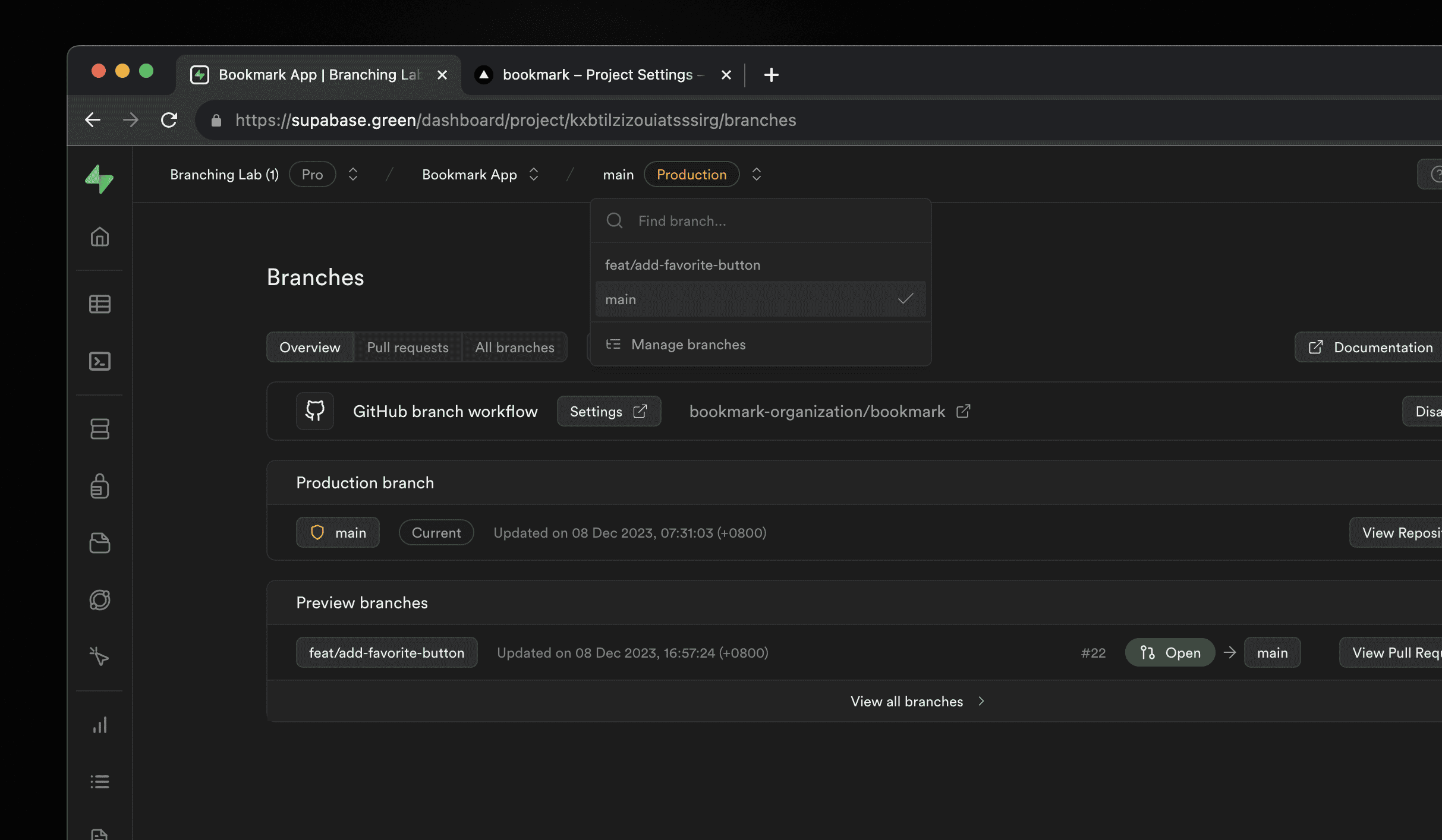New Branching UI in the Supabase dashboard