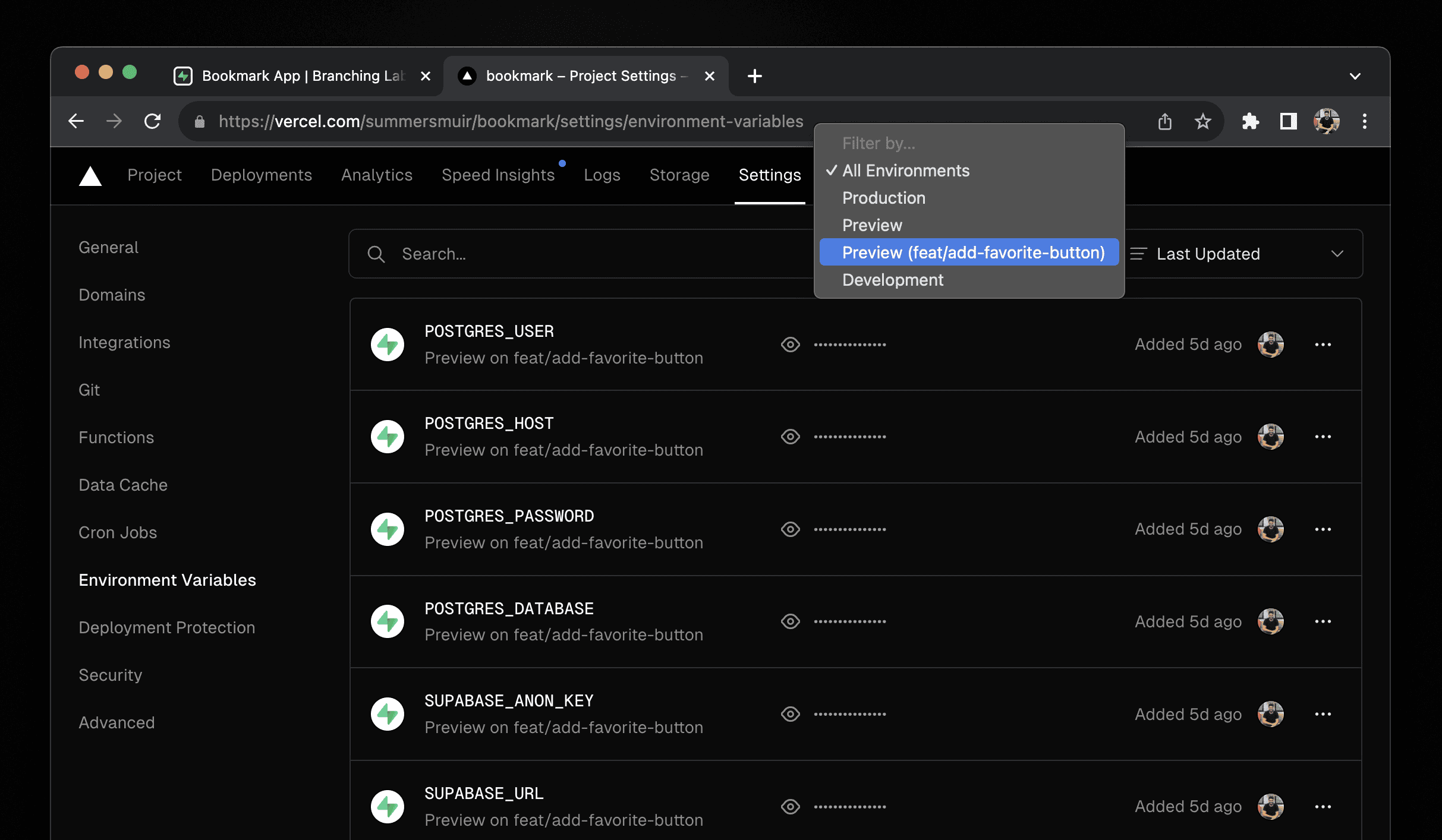 Vercel environment variables settings page, showing the Git branch based env vars.