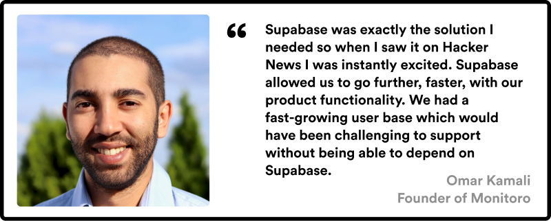 Quote from Omar - Supabase was exactly the solution I needed so when I saw it on Hacker News I was instantly excited. Supabase allowed us to go further, faster, with our product functionality. We had a fast-growing user base which would have been challenging to support without being able to depend on Supabase.