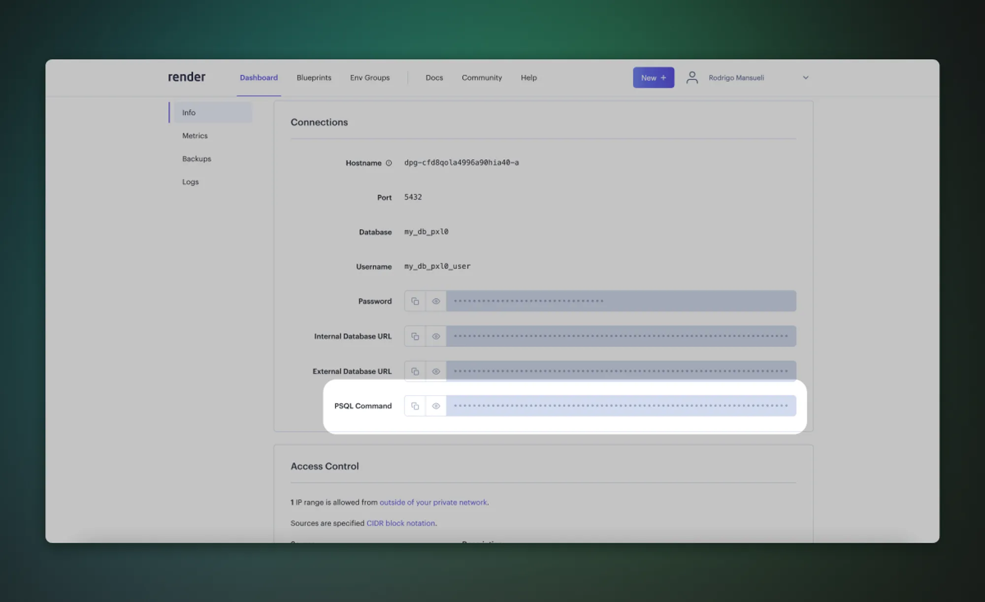 Copying PSQL command from Render dashboard